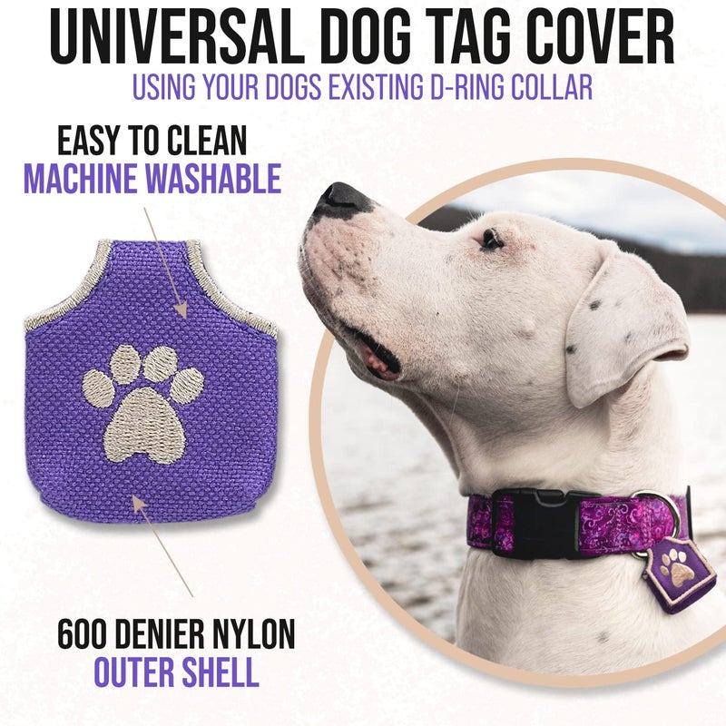 Woofhoof Dog Tag Silencer, Purple Pawprint - Quiet Noisy Pet Tags - Fits Up to Four Pet IDs - Dog Tag Cover Protects Metal Pet IDs, Made of Durable Nylon, Universal Fit, Machine Washable - Image 3